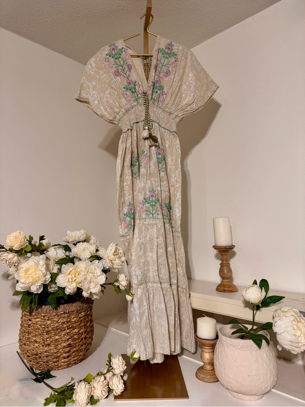 Cream Floral Embroidered Maxi Dress